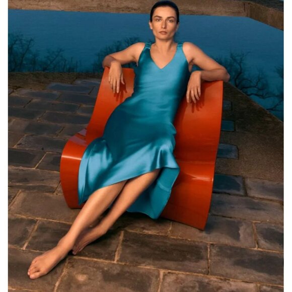 Zara Womens Bloggers Favorite Satin V-neck Front & Back Dress Turquoise Sz XS - Picture 1 of 11